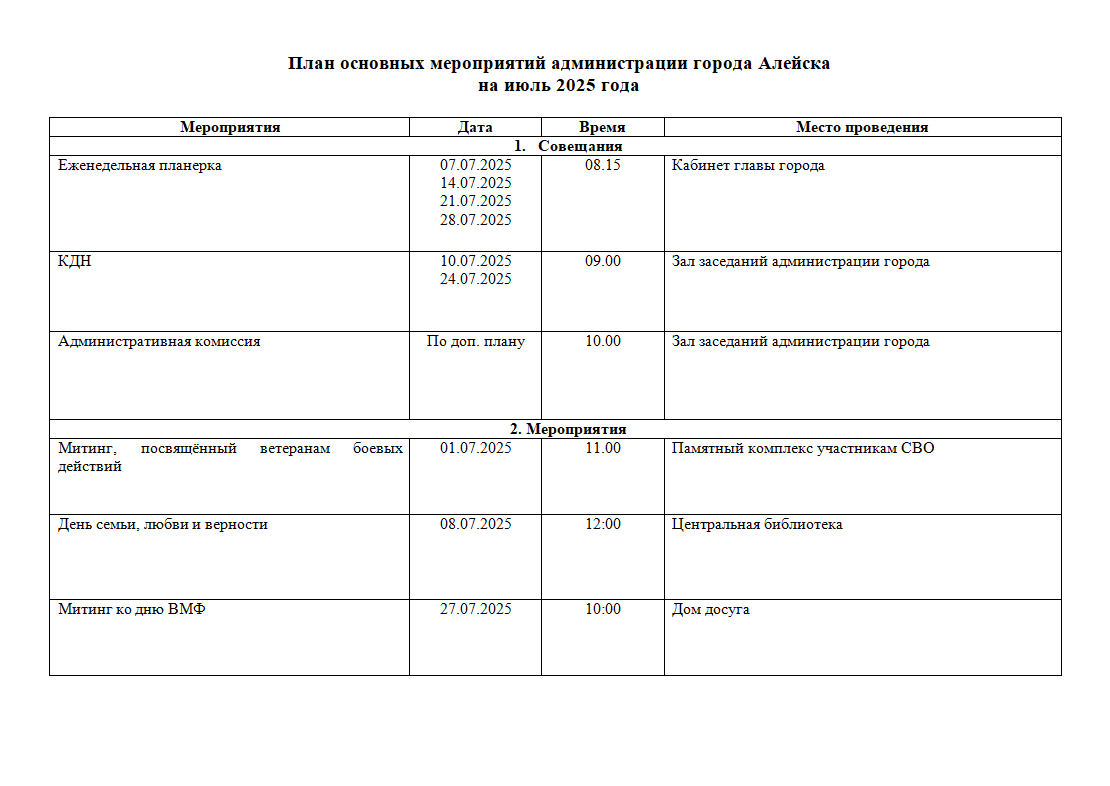 План основных мероприятий администрации города на июль 2025.