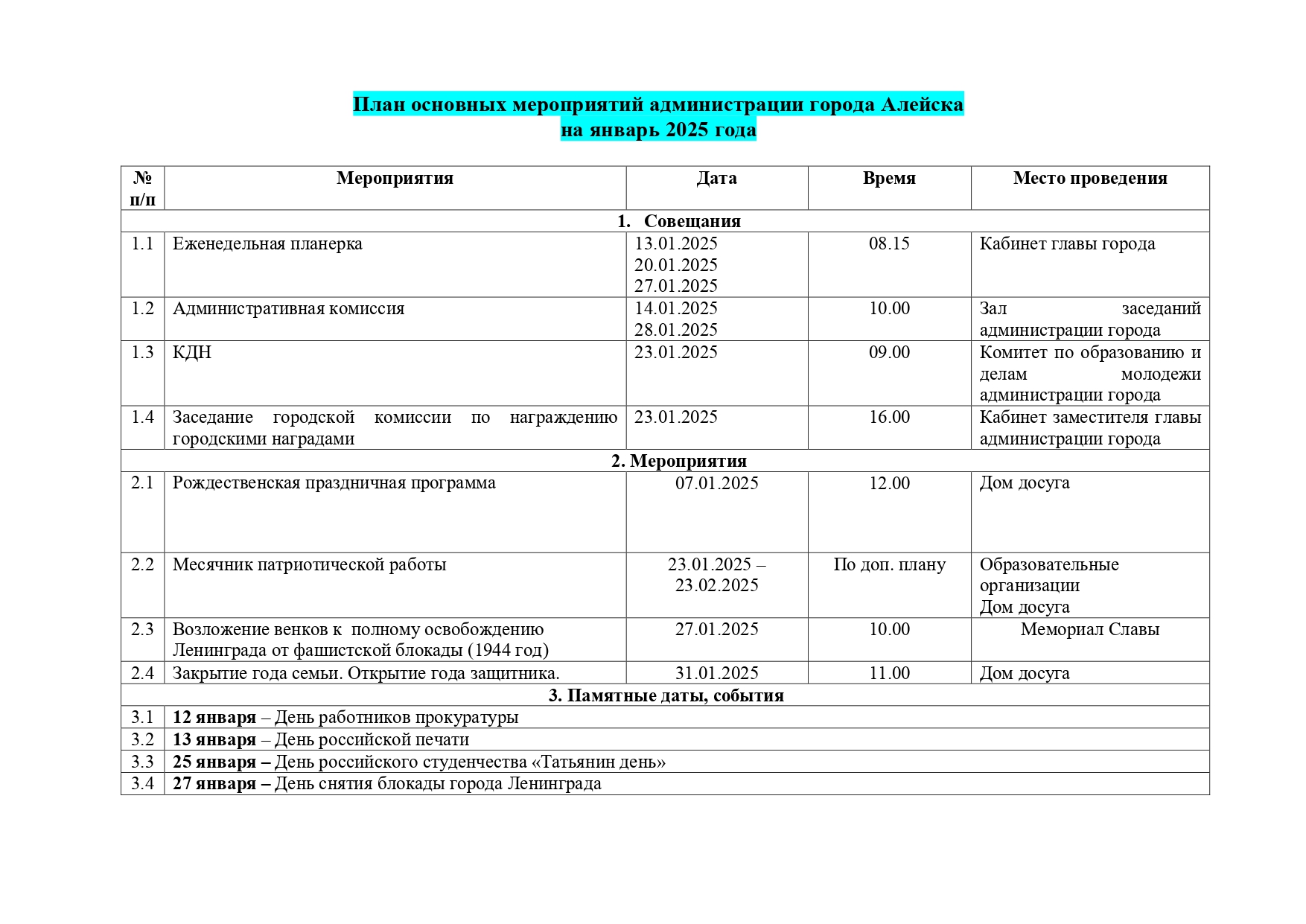 План основных мероприятий администрации города на январь 2025.